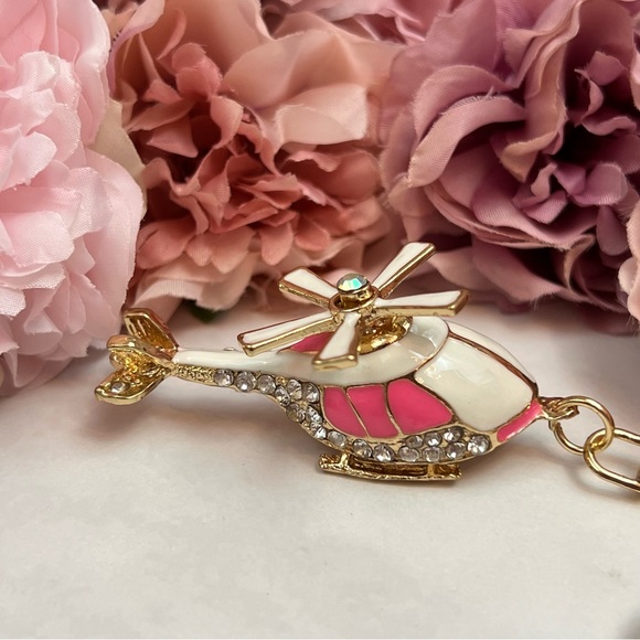 Whimsical Pink and White Crystal Helicopter Keychain Charm - Picture 10 of 16